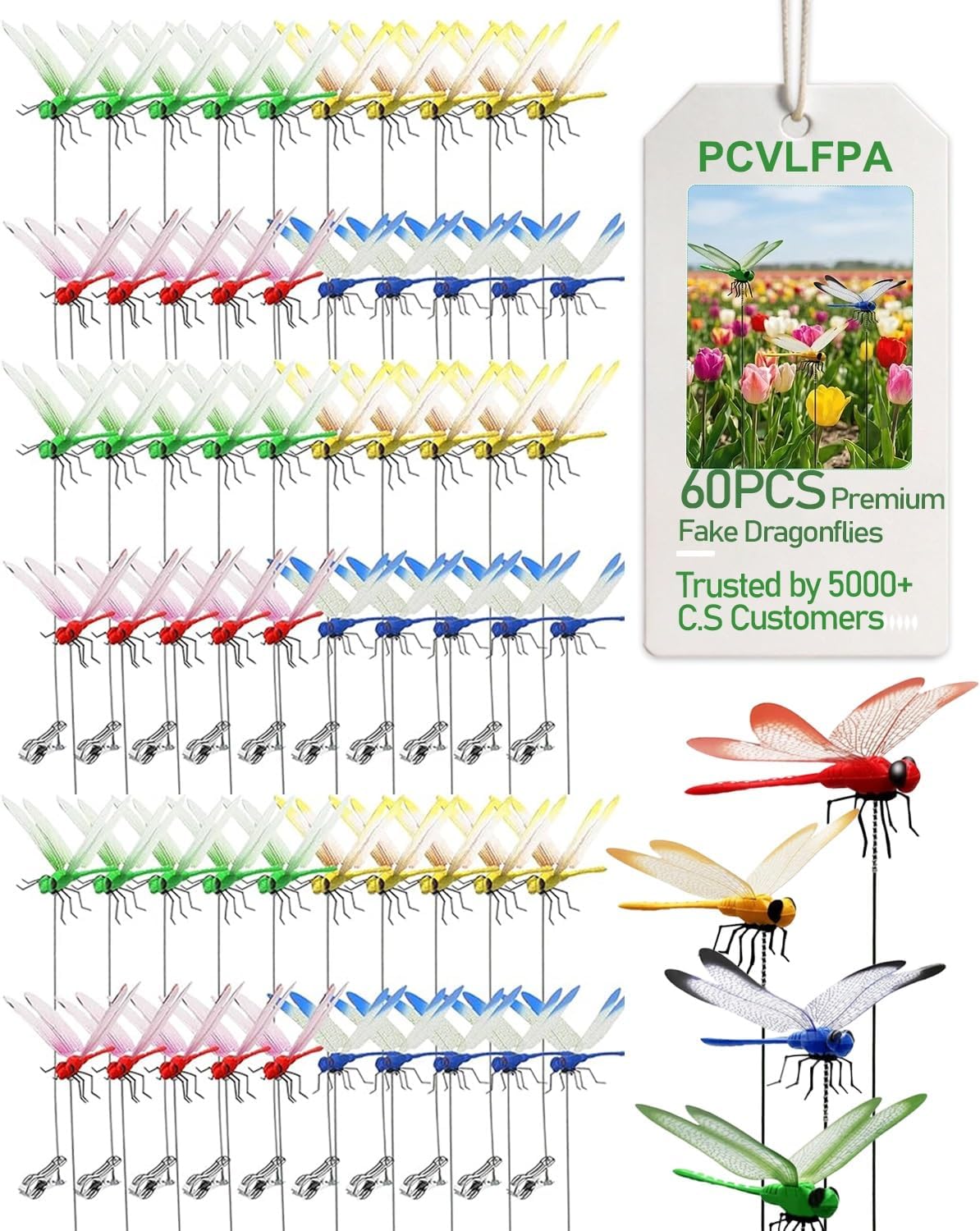 Dragonfly Clips to Keep Bugs Away,Fake Dragon Flies,Clip on Dragonflies for Bug Repellent,Realistic Fly Decoy Wasp Deterrent,3D Outdoor Garden Artificial Hat Rod Stakes Gardening Decor(60pcs)