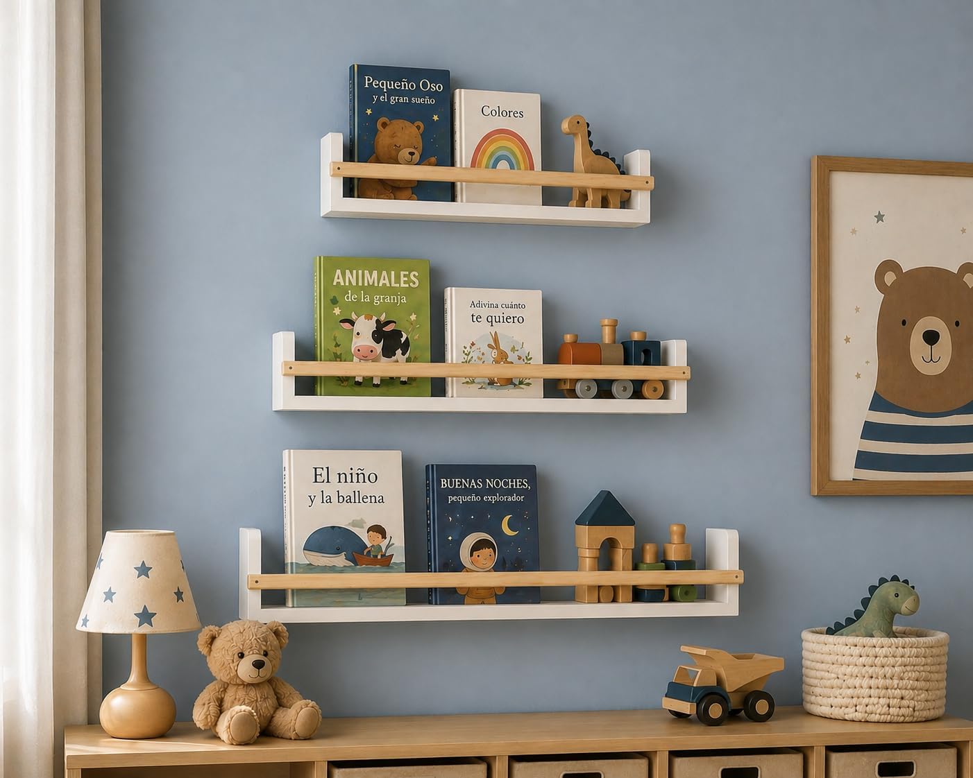 Montessori-Inspired Kids Bookshelf, Set of 3 Wall Mounted Floating Book Shelves, Front-Facing Nursery Bookshelves for Toddler Room, Playroom & Reading Nook