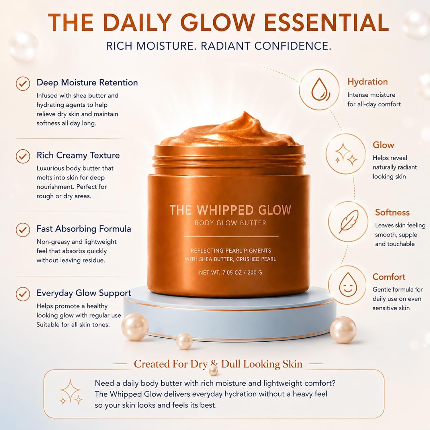 Whipped Glow Body Butter, Pearl-Illuminating Body Moisturizer with Crushed Pearl, for Smooth Radiant Skin, Intense Moisturizing, Soft Radiant Finish for Arms, Legs & Shoulders, 8.1 oz / 230 g