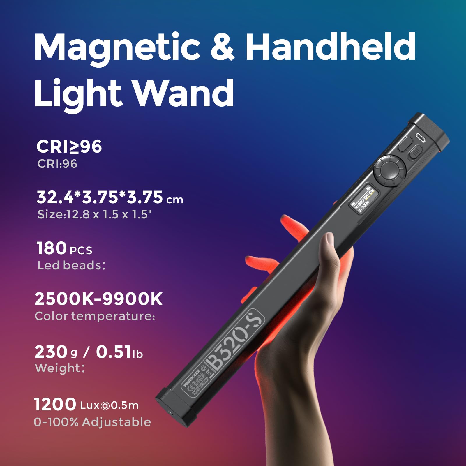 PHOTOOLEX Tubo de Luz Portátil RGB, Luz de Relleno Fotografía CRI96 | CCT 2500K-9900K, Color Completo 360°, Batería 5200mAh, 21 Escenas Lumínicas, Magnético para Vlog, Estudio y Retratos