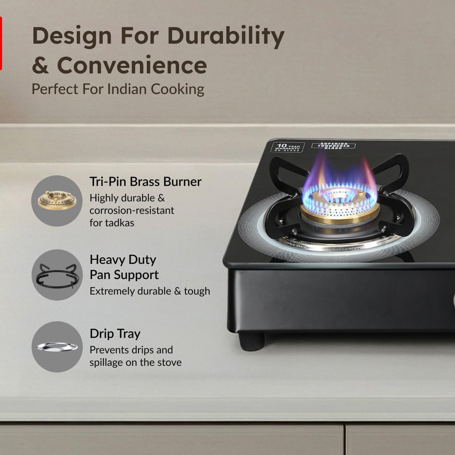 Close-up of Prestige Royale Plus GT 03L Gas Stove burner, pan support, and drip tray