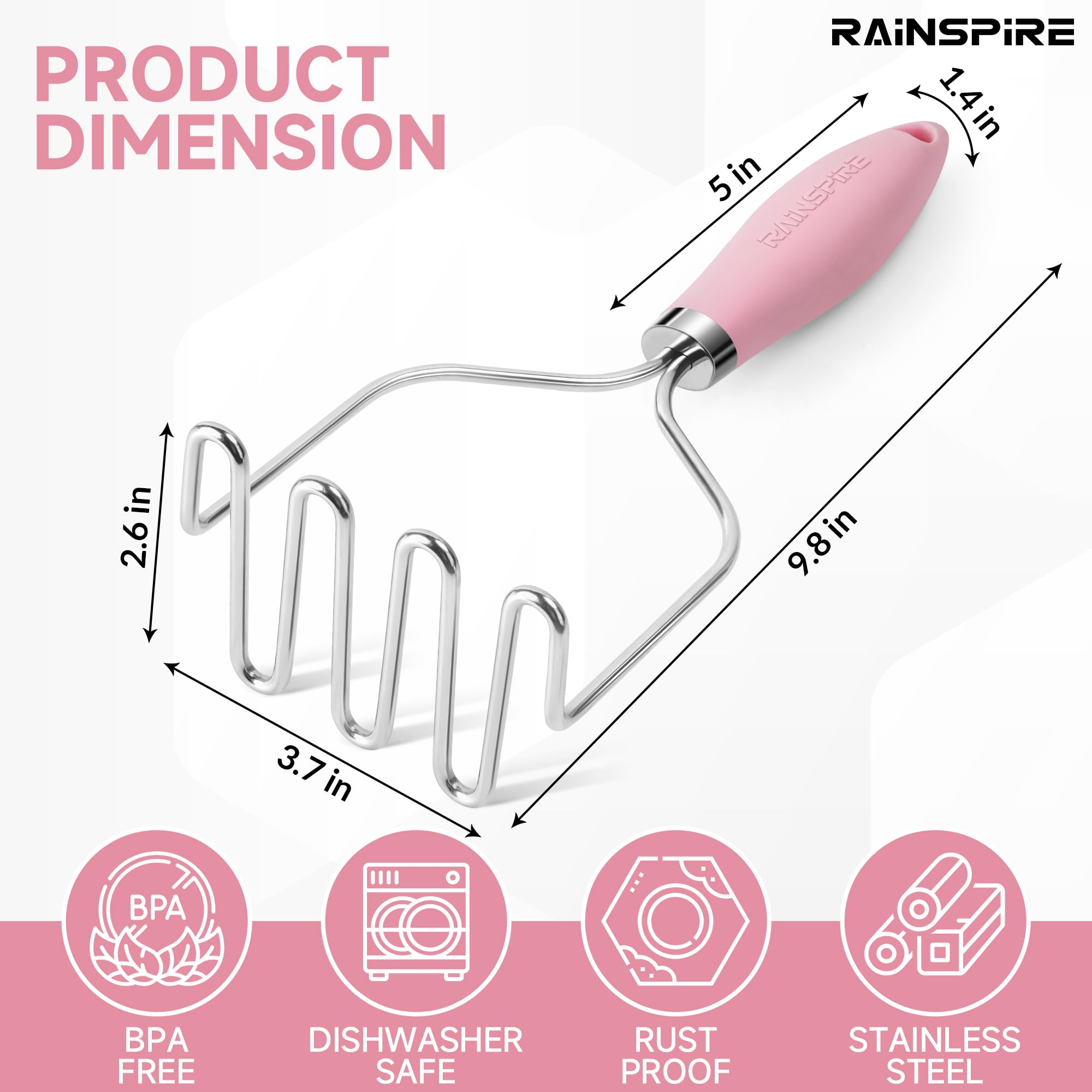 Rainspire Potato Masher - Pink Stainless Steel -3