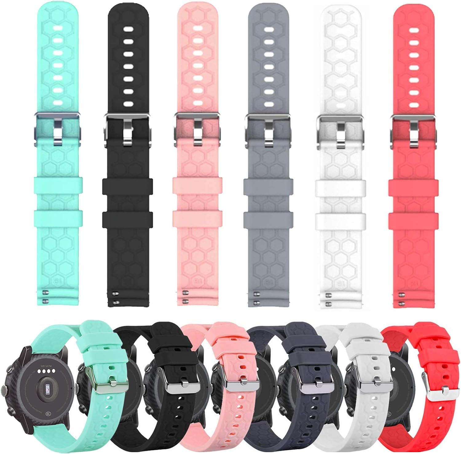 Six Chofit T70/T80 watch bands in various colors (teal, black, pink, grey, white, red) shown both individually and attached to smartwatches.