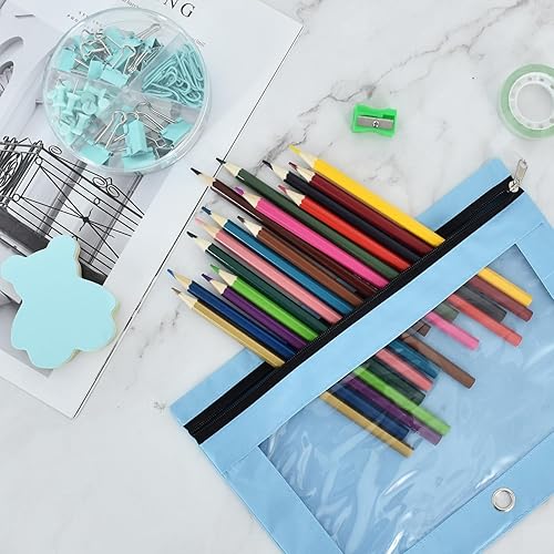 Miniatura 5 de Vuzvuv Paquete de 3 bolsas para lápices, bolsa azul para carpetas de 3 anillos, bolsas resistentes con cremallera con ventana transparente, bolsa de