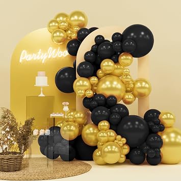 PartyWoo Black and Glod Balloons 140pcs Different Sizes of 18 12 10 5 Inch Black and Metallic gold Balloon Arch Kit for Birthday New Years Eve Graduation Bachelorette Retirement Party Decorations