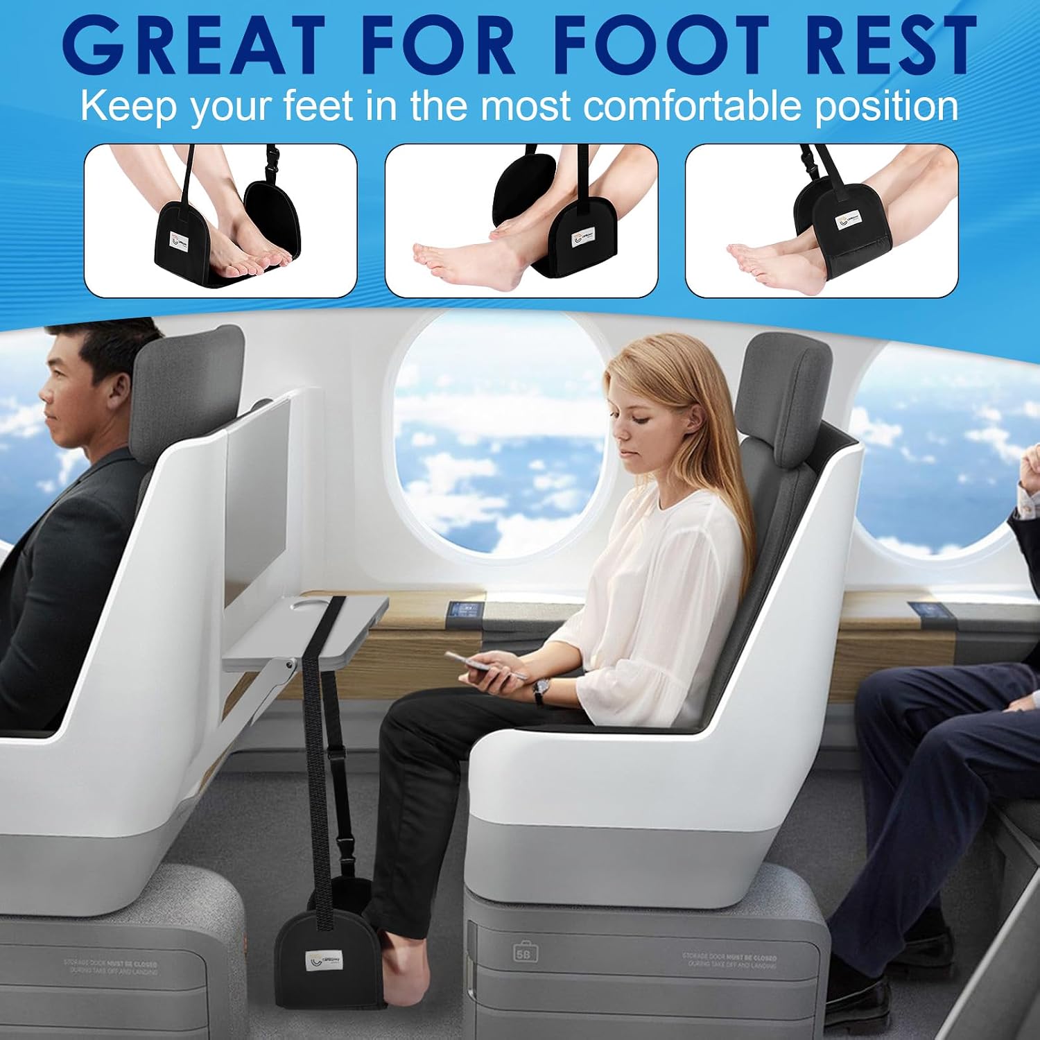 CERBONNY Airplane Foot Rest - Portable and Adjustable Foot Hammock, Travel Flight Essential for Relaxing Your Feet During Journeys (Non-Slip)