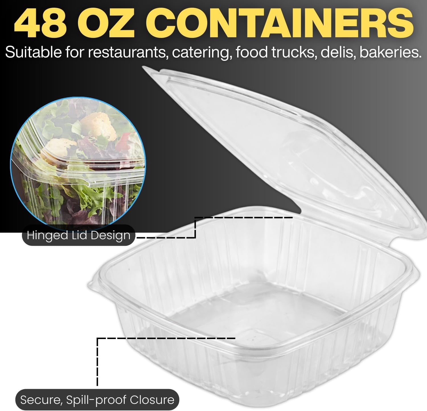 Smygoods Deli Containers with Hinged Lids, Clear PET Plastic, 48oz, Clamshell, 50 Count, Rectangular