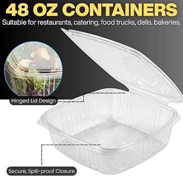 Deli Containers with Hinged Lids, Clear PET Plastic, 48oz, Clamshell, 50 Count, Rectangular