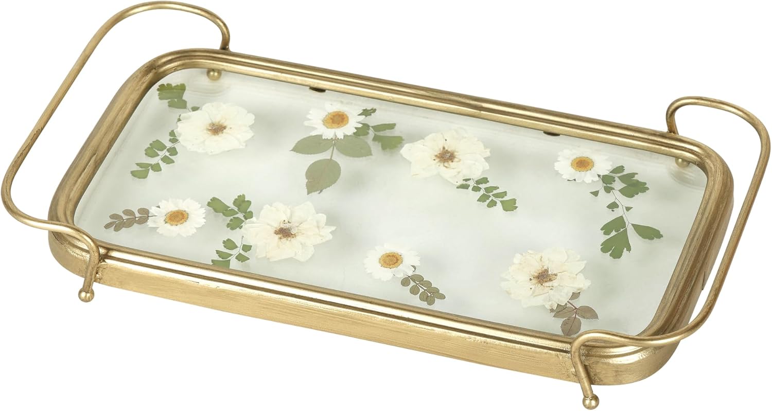 Natural Botanical Flower Serving Tray, Vintage Gold Metal with Glass and Large Handle, Decorative Jewelry Tray Perfume Tray Crystal Display
