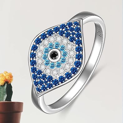 Fenthring Evil Eye Rings for Women Sterling Silver Blue Spiritual Turkish Evil Eye Ring Mal De Ojo Greek Jewelry Gift Size 6 7 8 9 10