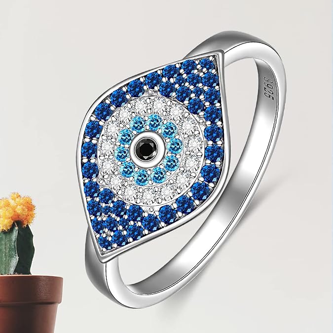Fenthring Evil Eye Rings for Women Sterling Silver Blue Spiritual Turkish Evil Eye Ring Mal De Ojo Greek Jewelry Gift Size 6 7 8 9 10