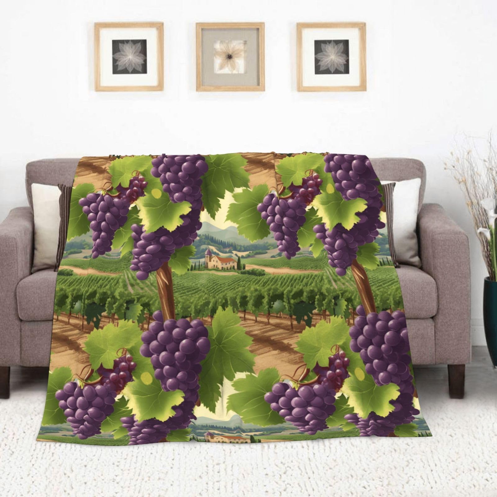 Couverture d'hiver douillette en flanelle 177,8 x 203,2 cm – Couverture à imprimé champs de raisins pour canapé, lit et camping, douce, parfaite pour décoration d'intérieur et une utilisation en