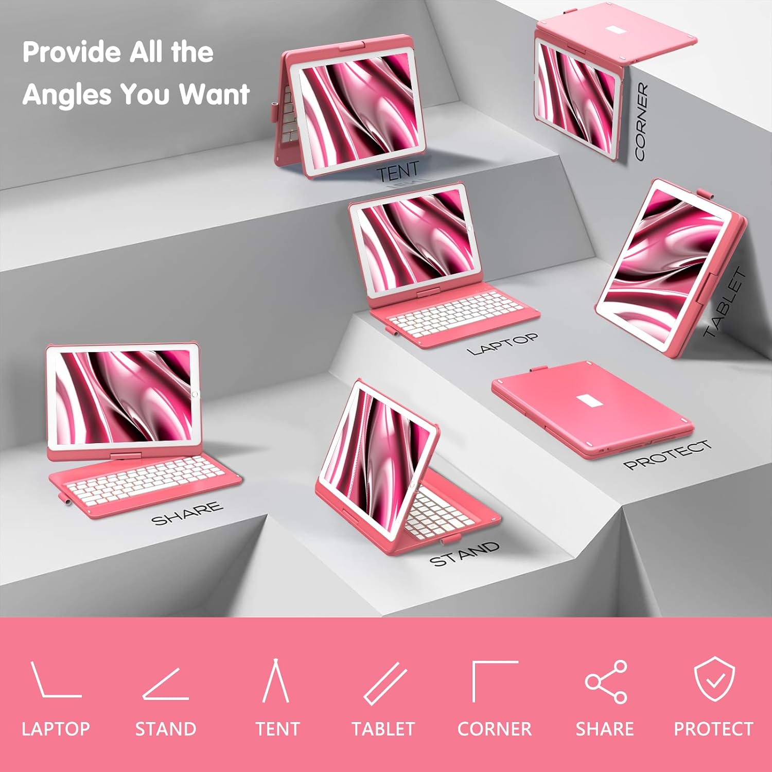 Keyboard Case for iPad 9th Generation,7 Color Backlight iPad Keyboard for 10.2-inch 9th /8th /7th /Air 3/Pro 10.5-inch,360° Rotatable Protective Cover with Apple Pencil Holder (Watermelon Red) - Image 7