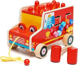 Wooden Hammering and Pounding Toys with 2 mallets, 5 in 1 Wooden Toys Knocking Bench Fire Truck Pull-On Toy Montessori Hammer Toy - Small Early Learning Educational Toy for Boys and Girls