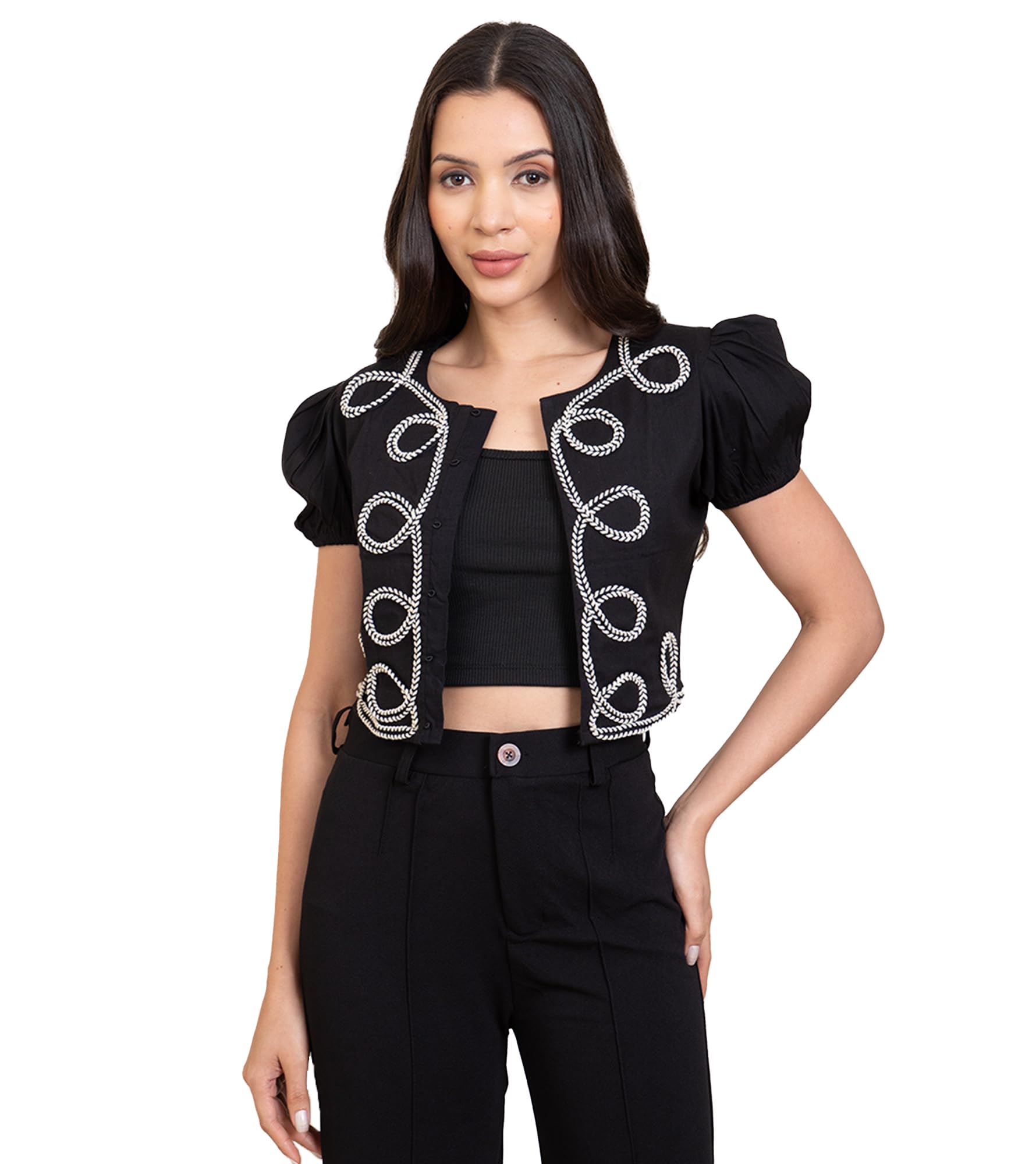 deebaco Solid Viscose Lycra Lace Detailed Shrug for Women's|Short Puff Sleeves Round Neck Ladies Shrug|Regular Fit Crop Length Western Casual Wear Stylish Jacket-picture-46
