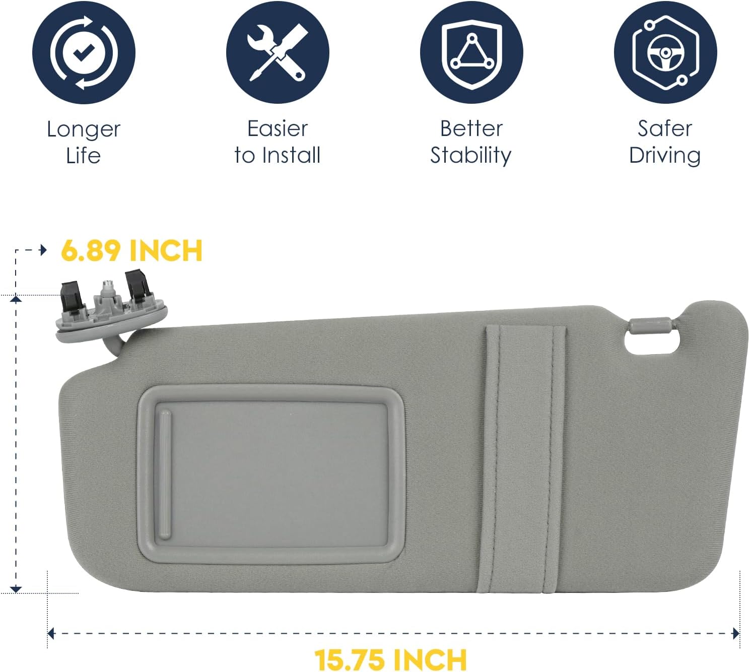 Left Driver Side Sun Visor for Toyota Camry 2007 2008 2009 2010 2011, Without Sunroof Replaces for 74320-06780-B0, 74320-33B81-B0 Gray