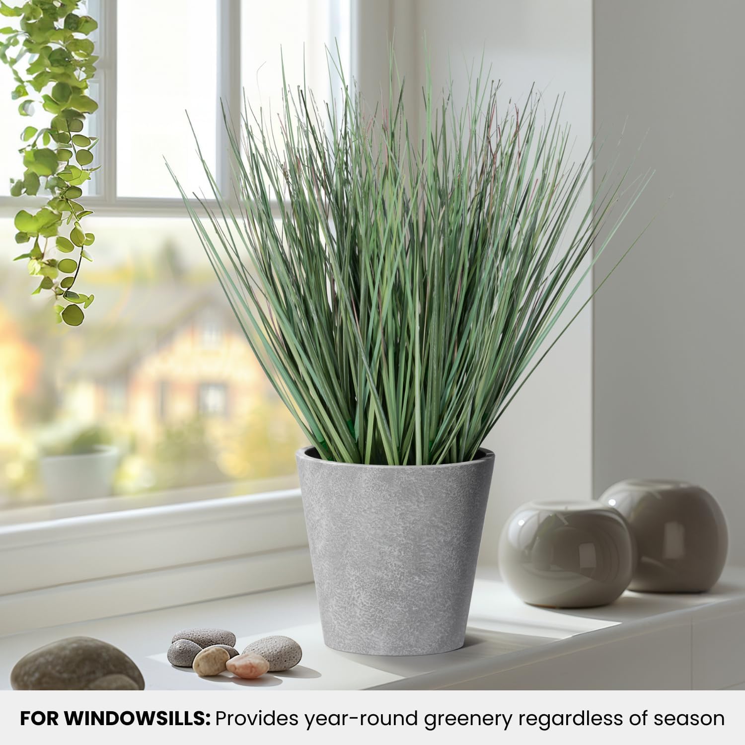 Torre & Tagus 16" Artificial Onion Grass in Textured Gray Round Pot, Faux Grass Plant & Tall Foliage Fake Grass Decor as Artificial Grass for Planters, 10" x 10" x 16" (Onion Grass Fake Plant)
