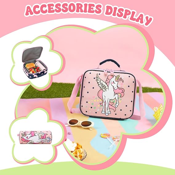 Unicorn Backpacks for Girls School Backpack for Girls Backpack with Lunch Box Pencil Case Kids Backpacks for Travel Bookbag Back to School Supplies