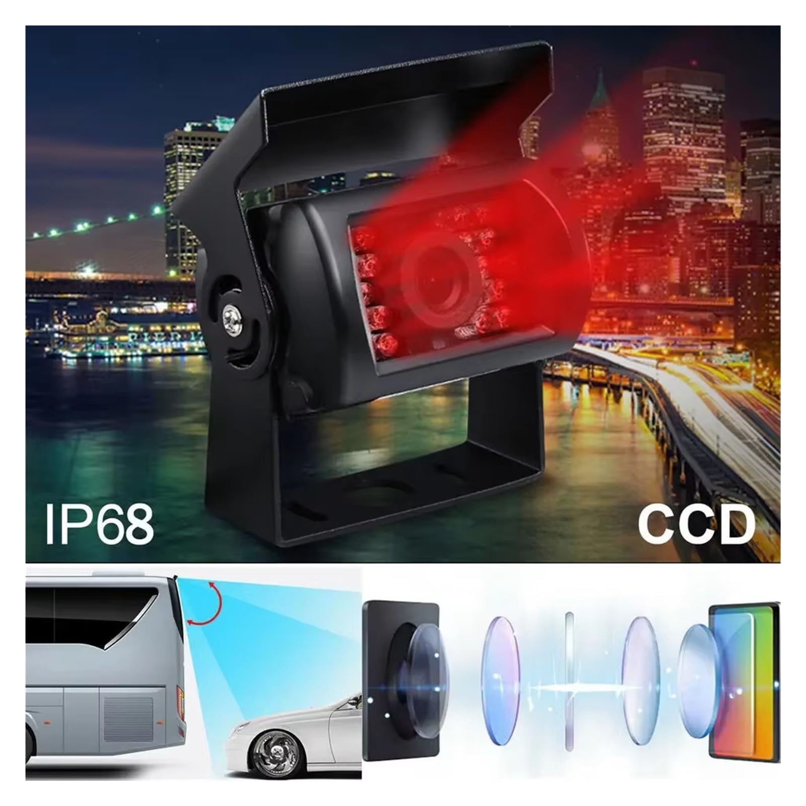 Cámara Trasera Camara Cámara Visión Nocturna Infrarroja 12-24 V Autocaravana Camión Autobús Furgoneta Coche Monitor Visión Trasera 7 Pulgadas Cable AV 10 M(Monitor Only)
