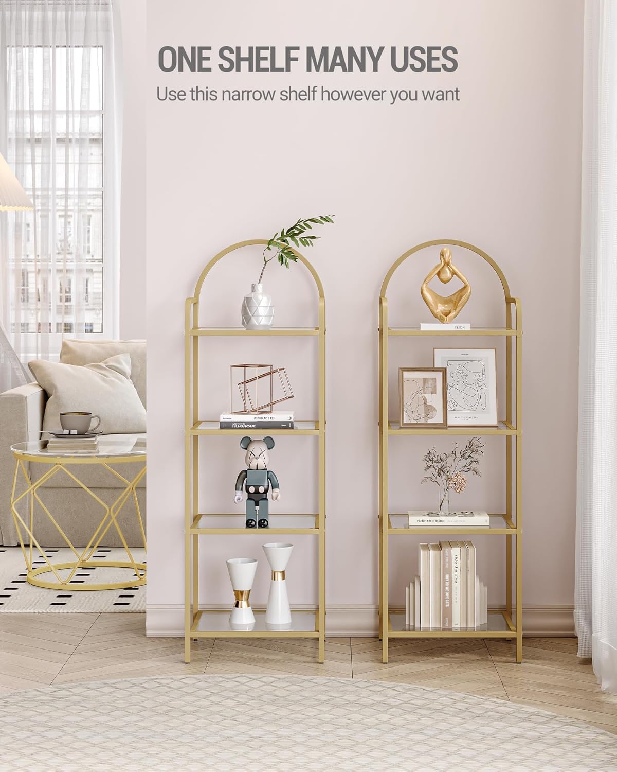 Bookcase Bookshelf, Tempered Glass Bookshelves, Slim Shelving Unit for Bedroom, Bathroom, Home Office, Steel Frame, 4 Tier Gold BC04001G - Image 3