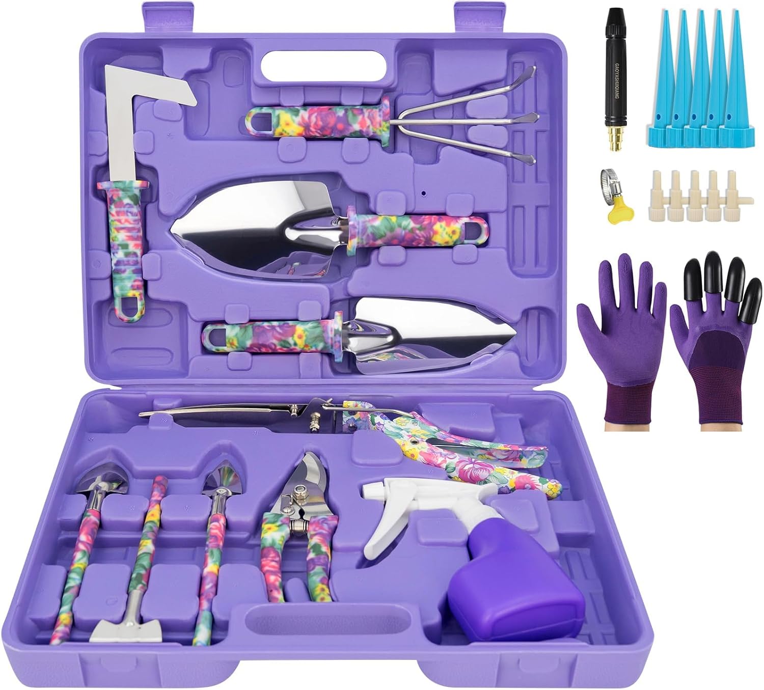 Garden Tool Set, 17-Piece Garden Tools with Floral Print, 304 Stainless Steel Garden Tools Set, Gardening Kit Gardening Gifts for Women, Blue