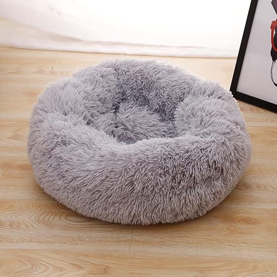 Calming Dog Bed Donut Cat Bed for Indoor Cats Small Dogs Round Thick Puppy Bed Pet Sofa Bed Non-slip Faux Fur Plush Cuddler Anti Anxiety,90cm,Grey Calming Dog Bed Donut Cat Bed for Indoor Cats Small Dogs Round Thick Puppy Bed Pet Sofa Bed Non-slip Faux Fur Plush Cuddler Anti Anxiety,90cm,Grey
