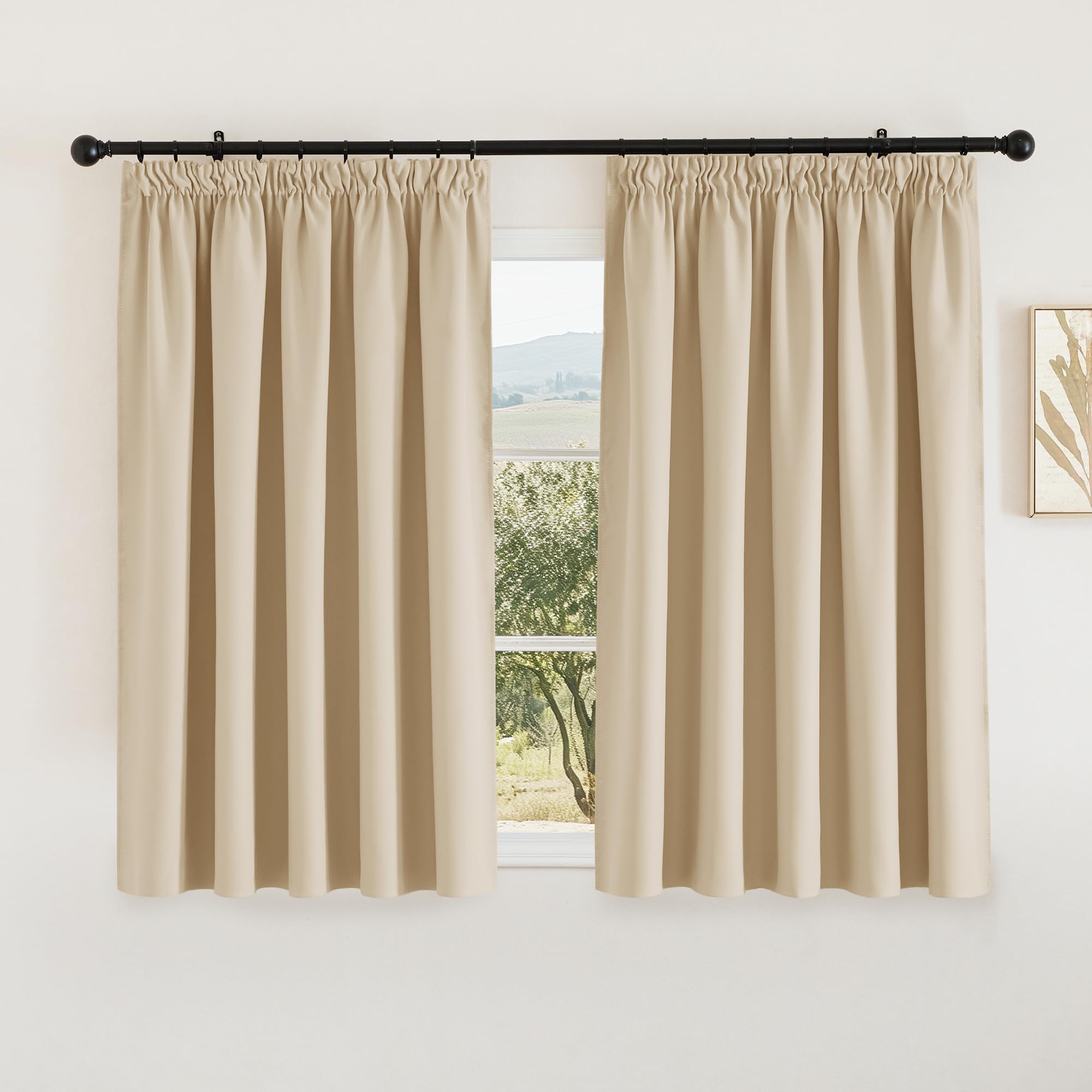 PONY DANCE Blackout Thermal Curtains for Bedroom - Pencil Pleat Curtain Panels with Solid Beige for Bedroom Tape Top Window Drapes for Room Darkening, 2 Pieces, W66 X L54, Biscotti Beige