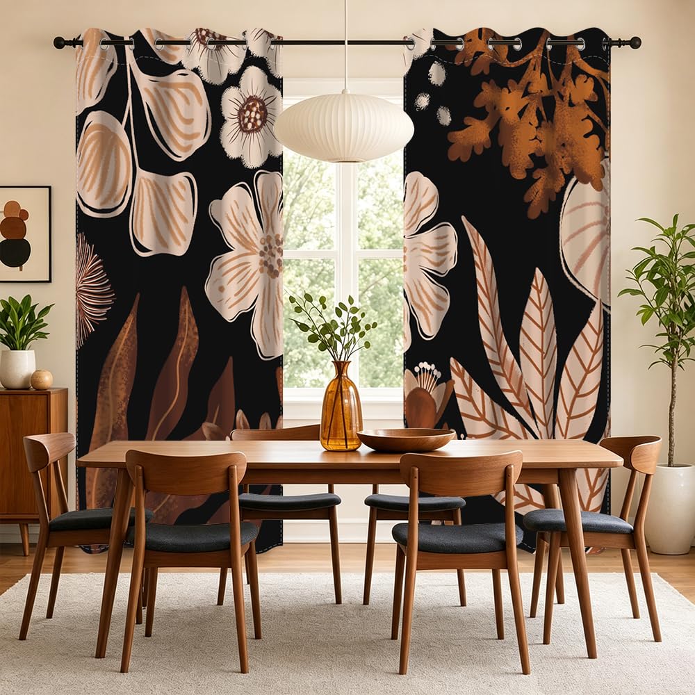 Rideaux Occultant Boheme, Rideaux Occultant Abstrait Lot de 2 Fleuri Rose et Feuilles Marron Rideau Thermiques Isolants Anti Froid et Chaleur Rideau à Oeillets pour Salon Chambre 107x160cm