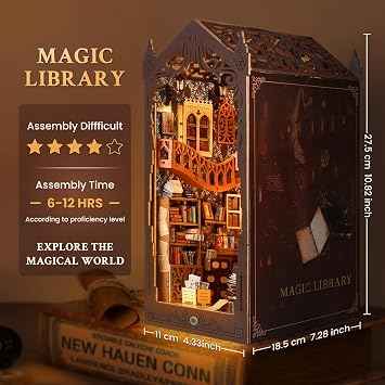 Book Nook Kit Magic Library DIY 3D Puzzle Wooden Dollhouse with LED Lights
