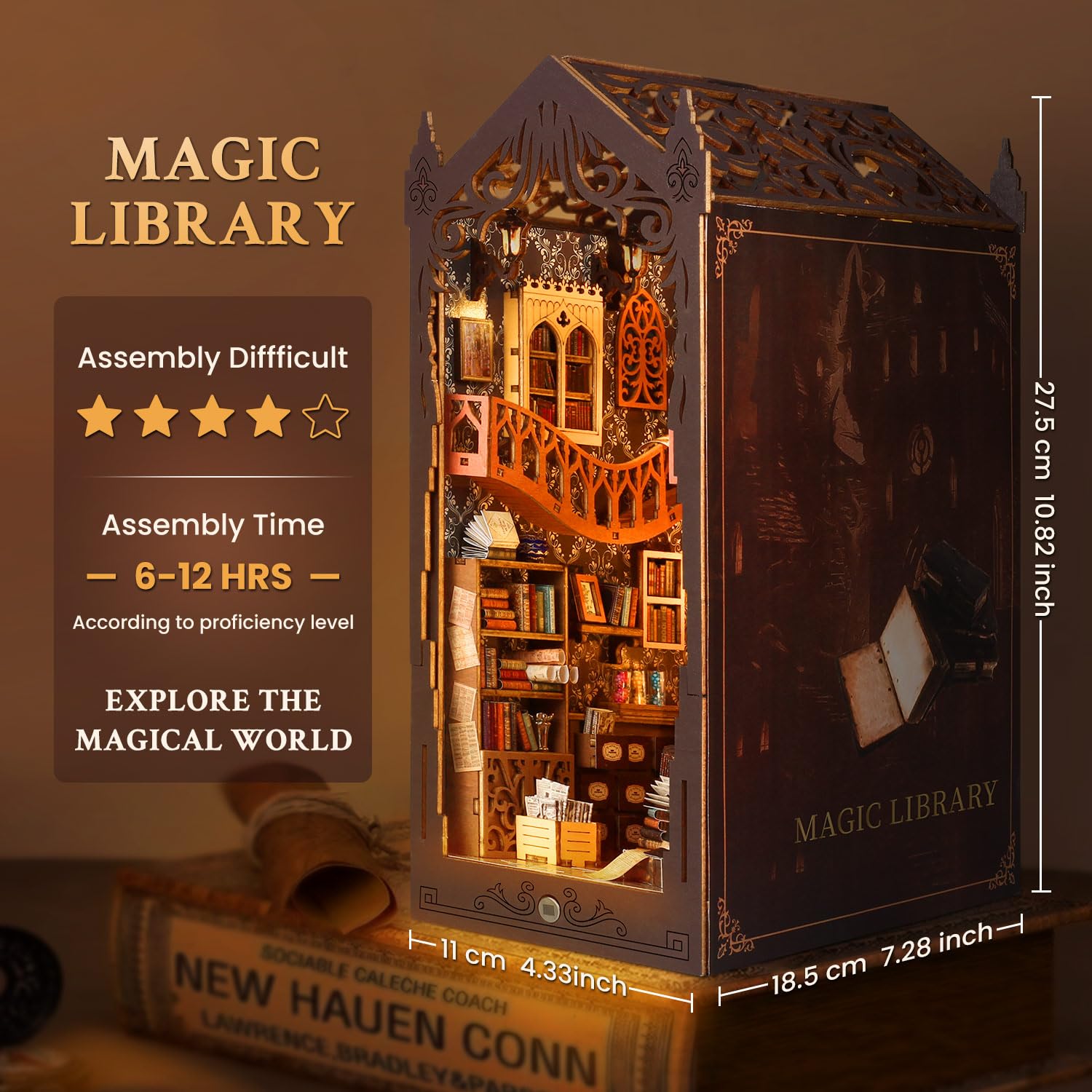 shrike Book Nook Kit Casa delle Bambole Magica Fai Da Te Booknook, Kit Casa Miniatura, Puzzle 3D in Legno, Illuminazione a LED, Regalo Decorativo per Libreria