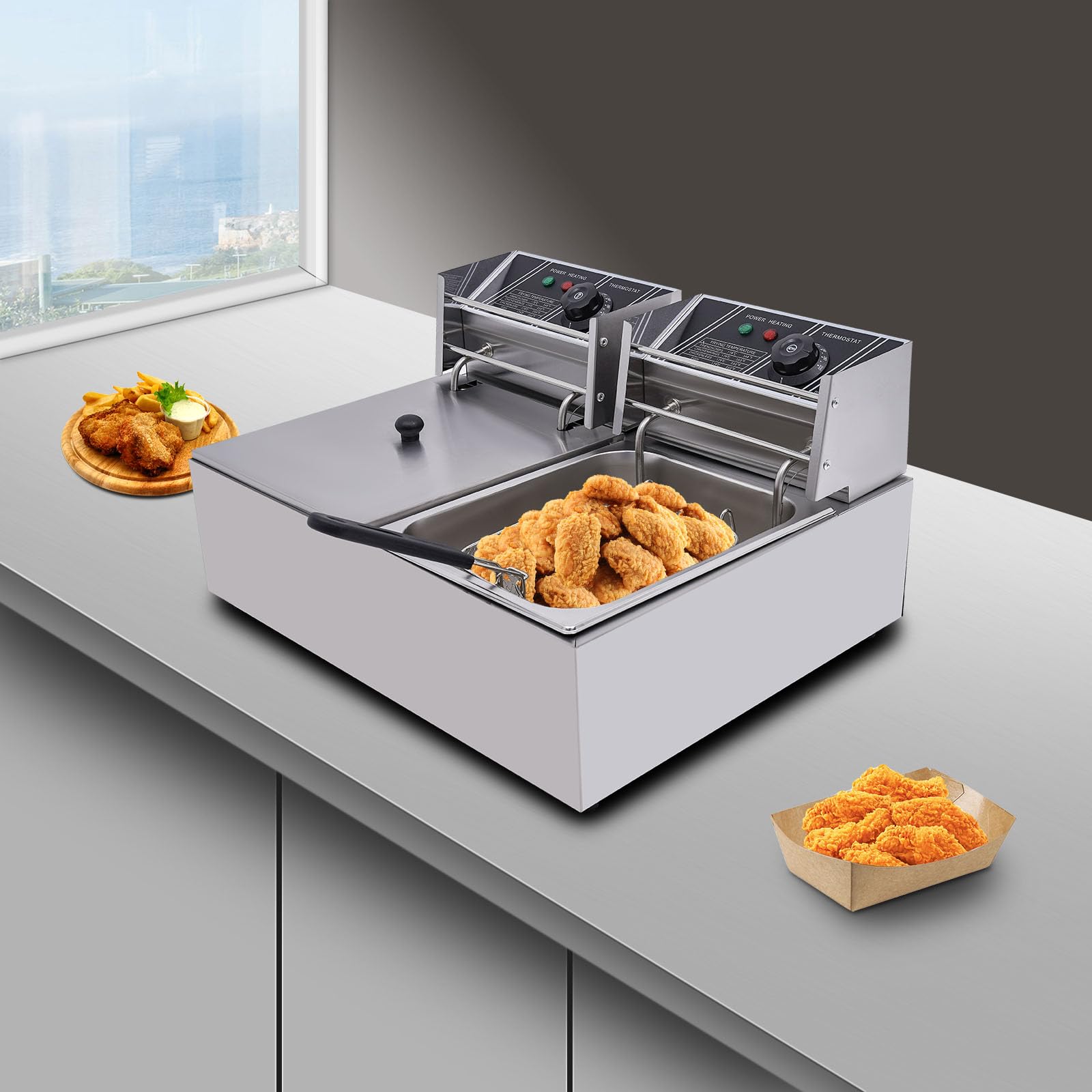 Friggitrice monocilindrica commerciale, 2 cestini, 3,2 kW, 12,7 QT, in acciaio inox, per ristoranti e snack, antiruggine