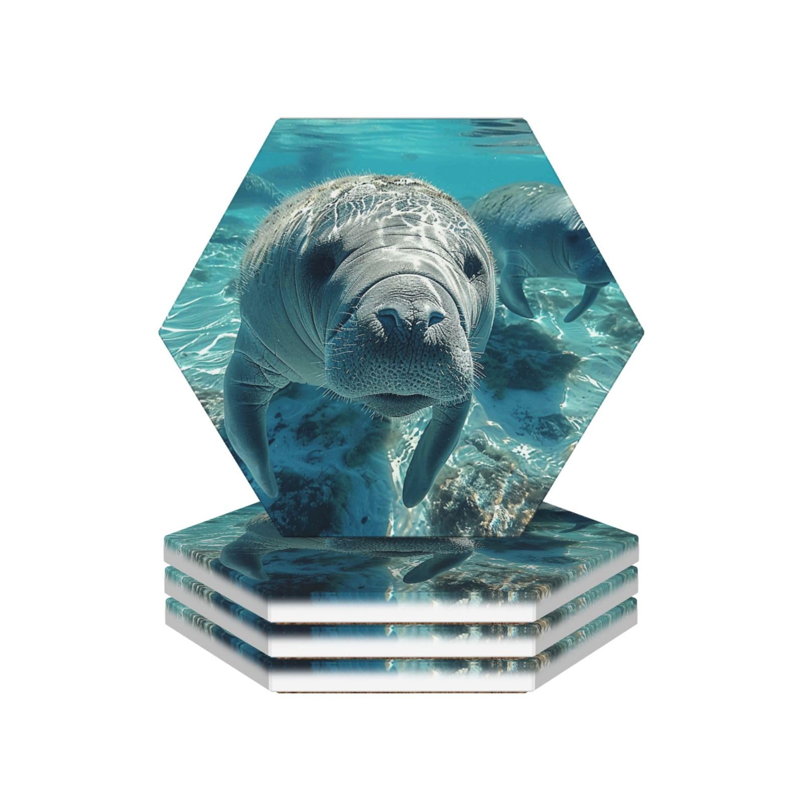 Drink Coasters Set of 4 Coffee Ceramic Coaster Ocean Animal Manatee Coasters for Drinks Coffee Cup Mat Heat Resistant Tabletop Protection Coaster Desk Accessorie Home Decorative