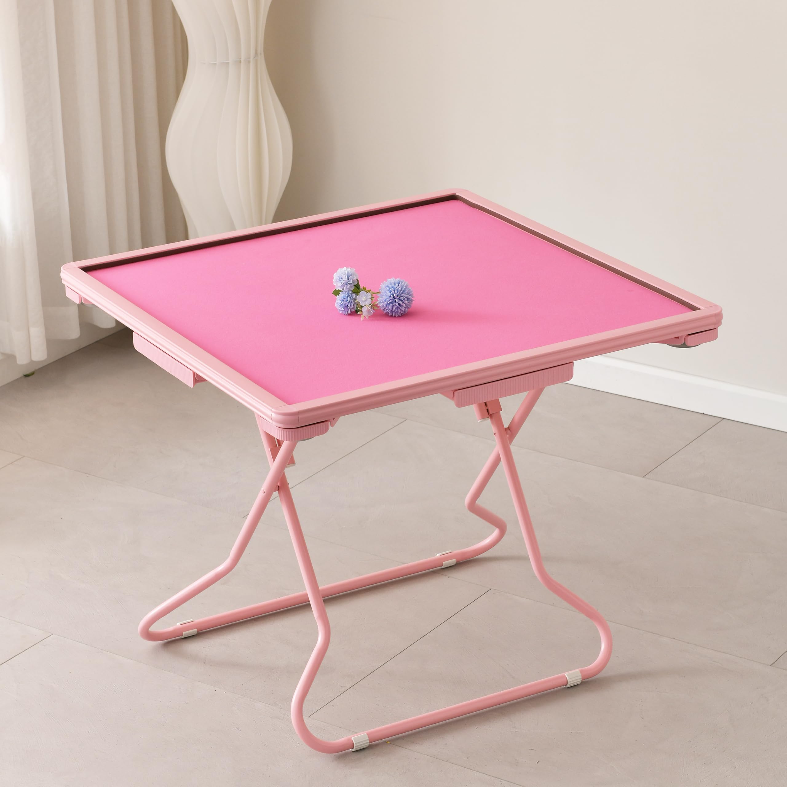 Pink Domino Table with Folding Legs, 32In*32In Extra Large Desktop Pink Mahjong Table, Built in Drawers and Cup Holders, Great for Poker Cards,
