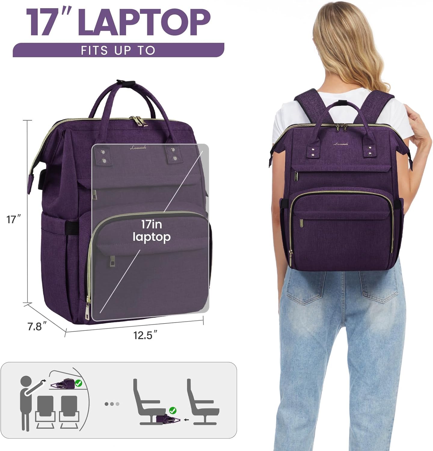 LOVEVOOK Laptop Backpack for Women,17 Inch Professional Womens Travel Backpack Purse Computer Laptop Bag Nurse Teacher Backpack,Waterproof Work Bags Carry on Back Pack with USB Port,Dark Purple - Image 6