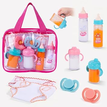 BABESIDE Baby Doll Accessories 9 Pcs Feeding Set with Magic Bottles, Pacifiers, Bibs, Diapers & Carry Bag, Pretend Play Kit for 1215 Inch Dolls
