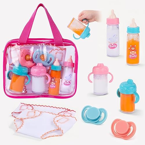 BABESIDE Baby Doll Accessories – 9 Pcs Feeding Set with Magic Bottles, Pacifiers, Bibs, Diapers & Carry Bag, Pretend Play Kit for 12–15 Inch Dolls