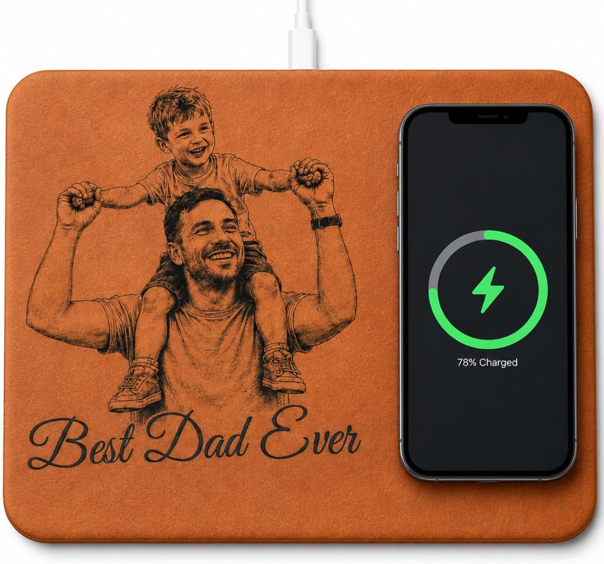 Custom Photo Sketch Line Art - Personalized Leather Charger Mat, Fathers Day Idea Gift for Husband Dad Office, Daddy Wireless Charging Mouse Pad, Best Dad Ever Custom Photo Line Art Desk Mat