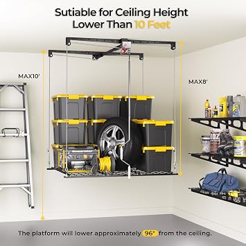 Garage Ceiling Storage Rack, 4x4 Ft Adjustable Overhead Garage Storage Rack Lift, Heavy-Duty Ceiling Mounted Storage Lift System for Garage Organization, 250lbs Weight Capacity