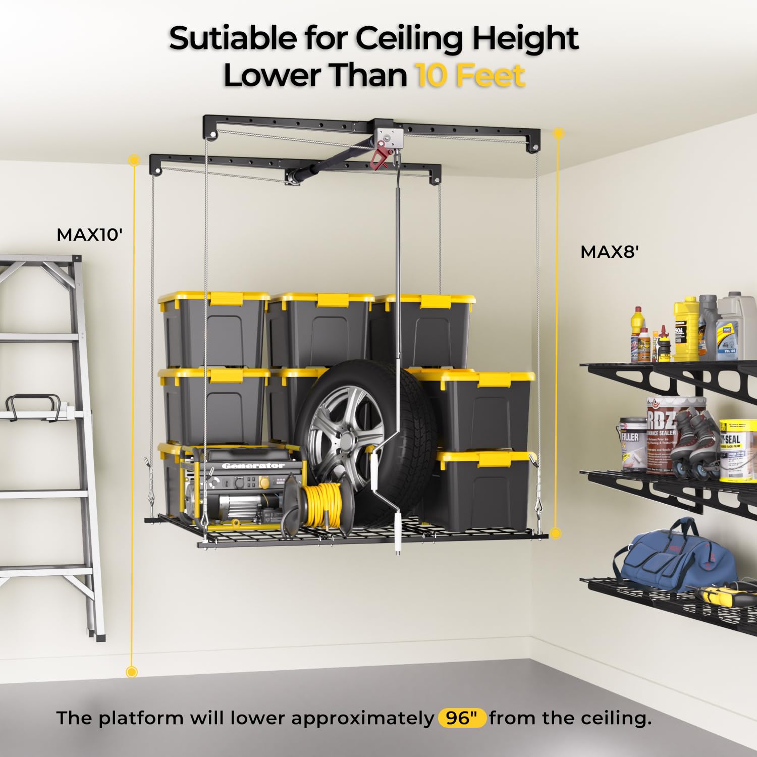 Estante de almacenamiento de techo para garaje 4x4 pies 1,2x1,2 m elevador ajustable