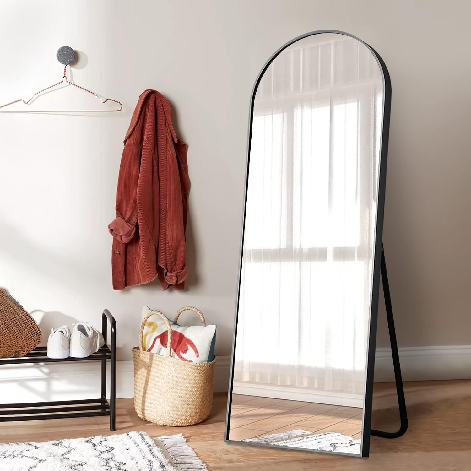 NeuType 65"x22" Arched Full Length Mirror Large Arched Mirror Floor Mirror with Stand Large Bedroom Mirror Standing or Leaning Against Wall Aluminum Alloy Frame Dressing Mirror, Black