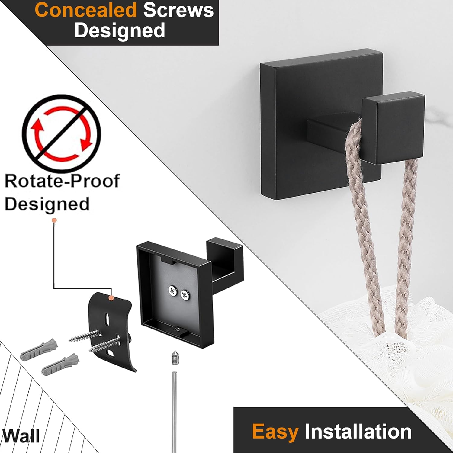 Nolimas Towel Hook Stainless Steel Bathroom Rustproof Clothes Towel Coat Hook Wall Mounted Square Toilet Kitchen, Heavy Duty Door Hanger, 6 Pack, Matte Black