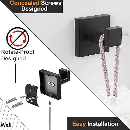 Miniatura 6 de Nolimas Paquete de 4 ganchos para toallas de baño de acero inoxidable negro mate para ropa y abrigos, gancho cuadrado montado en la pared para