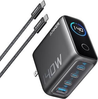 Anker Cargador Tipo C de 140W con 4 Puertos, Carga Rápida con Adaptador GAN Avanzado y Controles Táctiles Intuitivos, Compatible con iPhone 17/16/15/14, MacBook y Samsung Galaxy