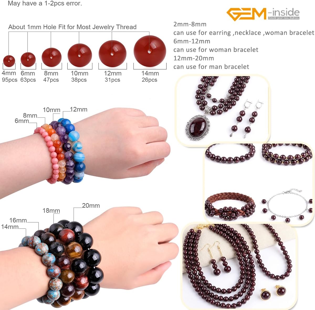 GEM-Inside Natural 8mm Dark Red Garnet Gemstone Smooth Round Stone Loose Beads Crystal Energy Stone Power for Jewelry Making 15" - Image 4