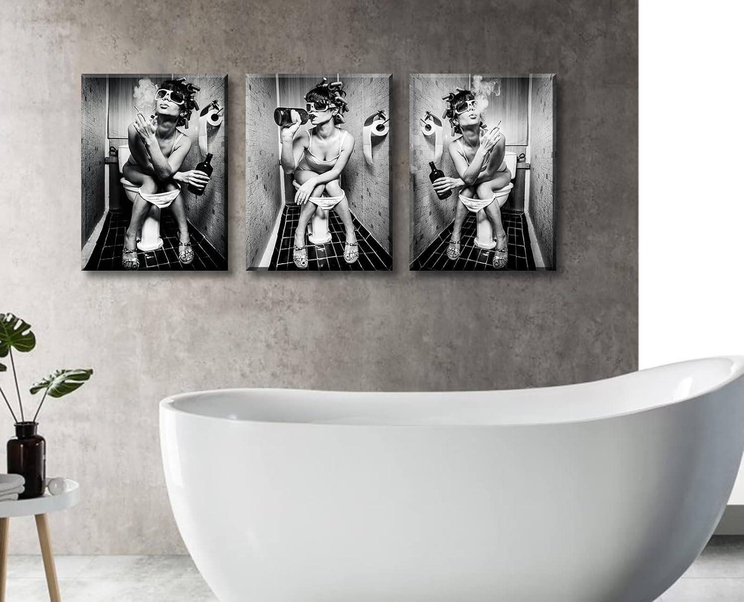 Bathroom Decor Wall Art Black and White 3 Piece Woman Rest and Relax on Toilet Sexy Posters Fashion Modern Artwork Canvas Print Paintings for Master Bedroom Living Room Framed 12"x16"x3