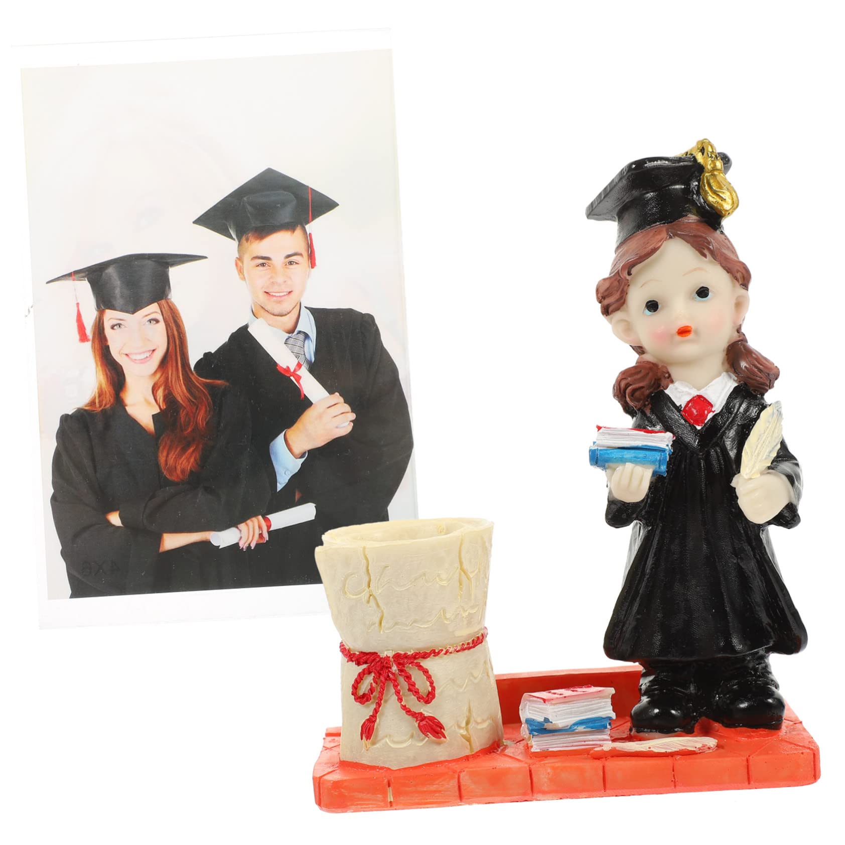 Ciieeo decoración de la Figura de graduación Chicas estacionarias Taza de lápiz de graduación Organizador de bolígrafos de Escritorio sostenedor de la Pluma de graduación