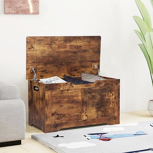 Miniatura 8 de Timberer Baúl de almacenamiento de 31.5 pulgadas, banco de almacenamiento de madera, baúl de almacenamiento superior con 2 bisagras de seguridad,