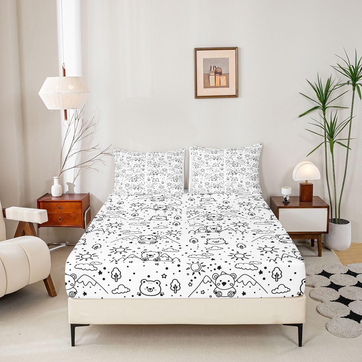 Loussiesd Drap Housse 180x200cm Mignon Ours Mignon Animaux Imprimered Drap-Housse Dessin animé Modèle pour Matelas Épais jusqu'à 30 cm Polyester Microfibre