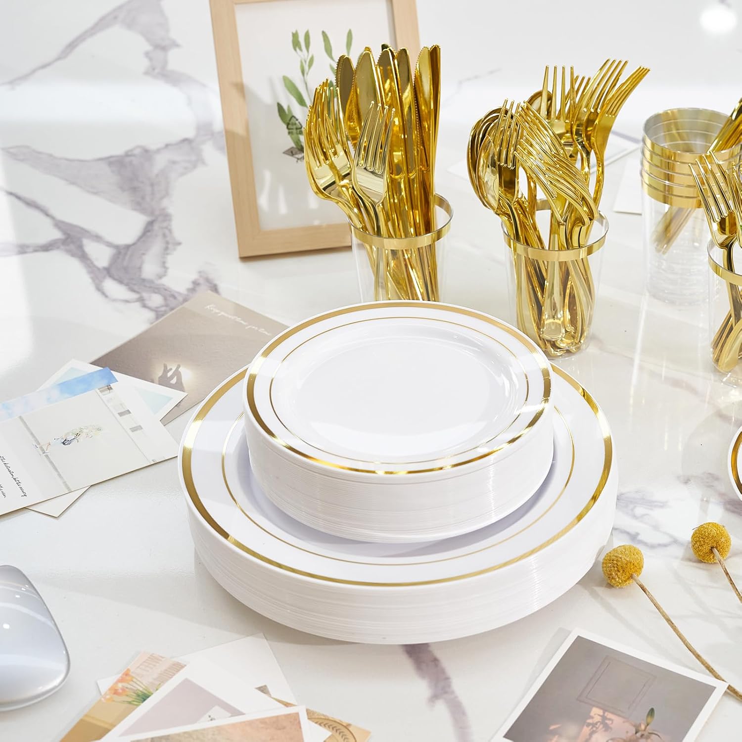 700 PCS Plastic Dinnerware Sets, Includes 100 Rim Dinner Plates, 100 Salad Plates, 100 Paper Napkins,100 Cups 9 OZ, 100 Plastic Silverware Set, Perfect for Party & Christmas & Picnic (Gold)