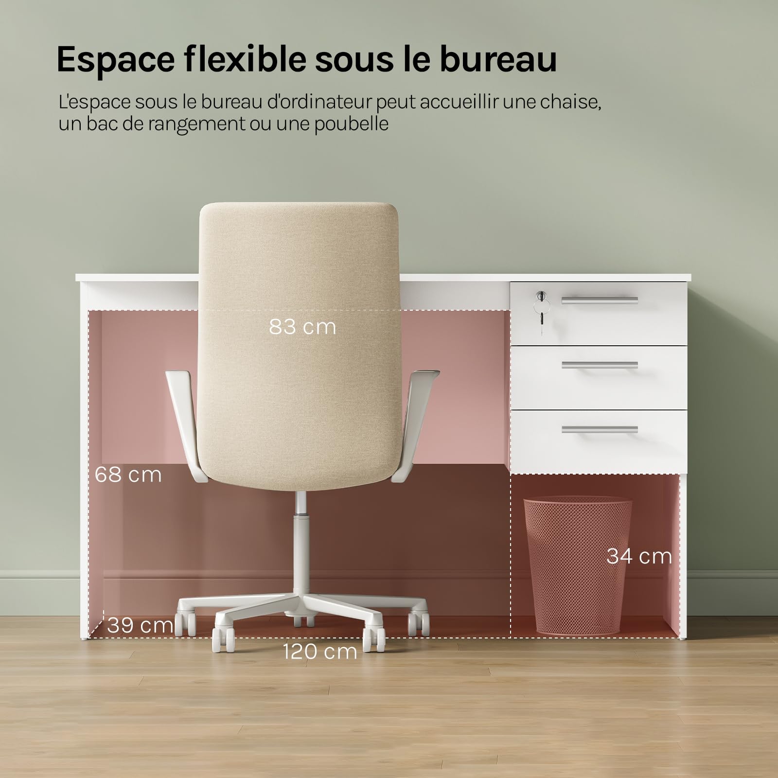 WOLTU Bureau d'Ordinateur avec 3 Tiroirs Blanc, Table de Travail PC, 120x60